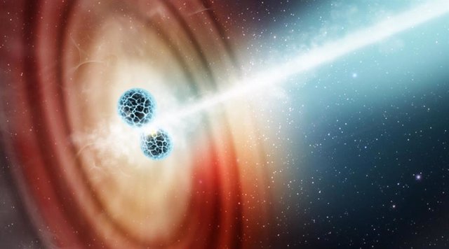 Impresión artística de dos estrellas de neutrones colisionando