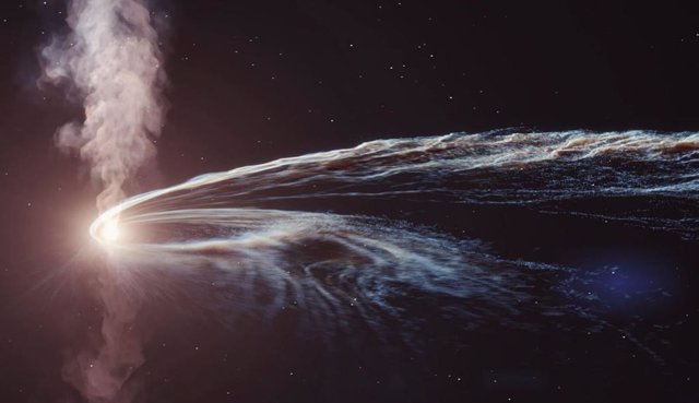 Ilustración artística de la interrupción de las mareas donde un agujero negro supermasivo se espaguetiza y engulle una estrella. Parte del material no es consumido por el agujero negro y es expulsado al espacio.