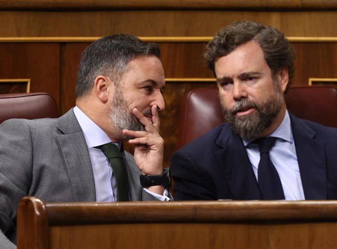 El líder de Vox, Santiago Abascal y el portavoz parlamentario de Vox, Iván Espinosa de los Monteros, durante una sesión plenaria en el Congreso de los Diputados