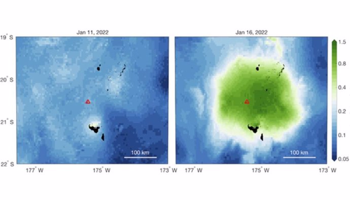 Mapas de clorofila oceánica antes (izquierda) y después (derecha) de la erupción.