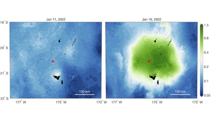 Mapas de clorofila oceánica antes (izquierda) y después (derecha) de la erupción.