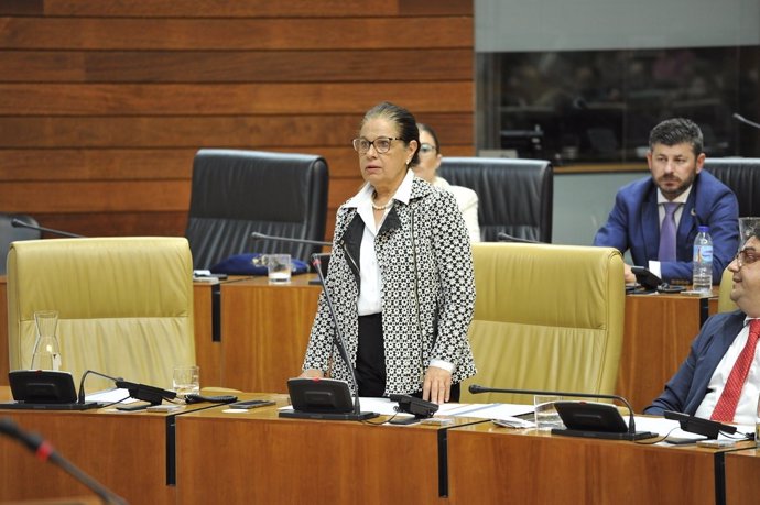 La vicepresidenta primera y consejera de Hacienda y Administración Pública de la Junta, Pilar Blanco Morales, en el pleno de la Asamble de Extremadura