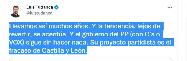 Captura del tuit de Luis Tudanca sobre la pérdida de población en CyL.