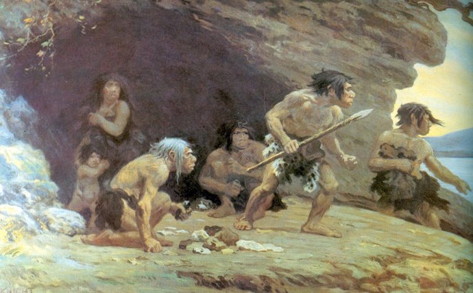 Reconstrucción artística de 1920 de neandertales de Le Moustier.
