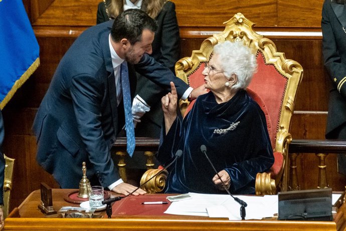 13 October 2022, Italy, Rome: Senator and Holocaust survivor Liliana Segre (R)speaks to Matteo Salvini, leader of the Legue party, during the Italian Senate opening session of the new parliament. Photo: Mauro Scrobogna/LaPresse via ZUMA Press/dpa