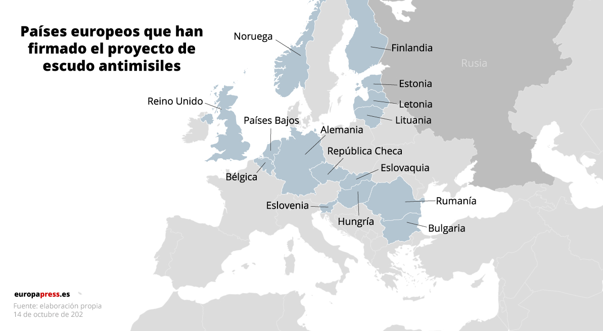 Mapa que representa los países europeos que han firmado el escudo antimisiles. 