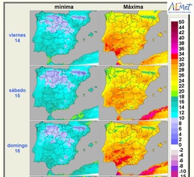 Mapas elaborados por la Aemet sobre la previsión meteorológica en CyL para este fin de semana