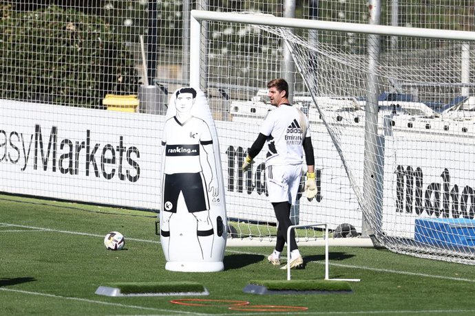 Thibaut Courtois of Real Madrid looks on during the training day celebrated at Ciudad Deportiva Real Madrid on October 01, 2022, in Valdebebas, Madrid, Spain.