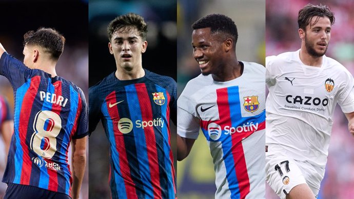 Los futbolistas del FC Barcelona Pedri, Gavi, Ansu Fati y el jugador del Valencia, cedido por el Bara, Nico González.