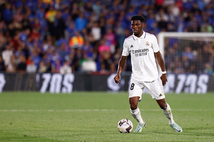 Aurelien Tchouameni of Real Madrid in action during the spanish league, La Liga Santander, football match played between Getafe CF and Real Madrid at Coliseum Alfonso Perez stadium on October 08, 2022, in Getafe, Madrid, Spain.