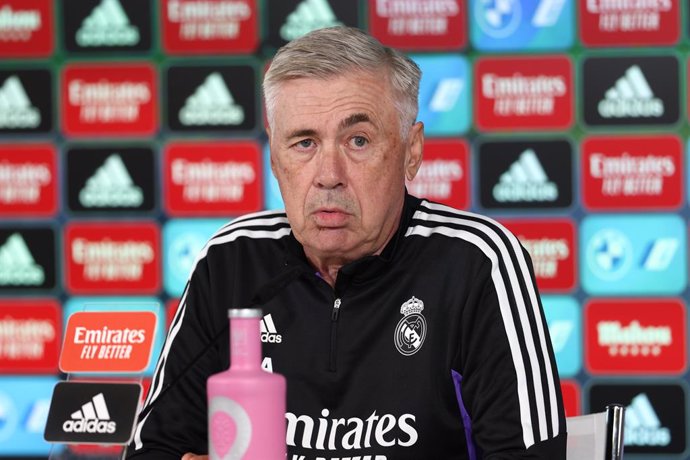 Carlo Ancelotti, head coach of Real Madrid, attends his press conference after the training day celebrated at Ciudad Deportiva Real Madrid on October 01, 2022, in Valdebebas, Madrid, Spain.