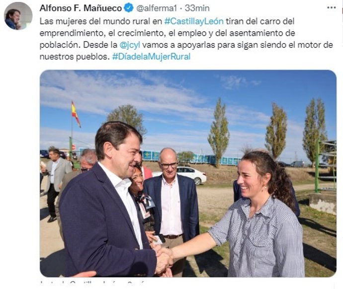 Tuit de Alfonso Fernández Mañueco sobre la mujer rural con motivo de su día nacional