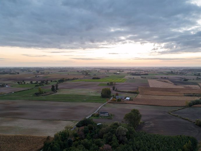 12 October 2022, Poland, Lania: An aerial view shows the landscape where a leak was discovered about two kilometers away on the Druzhba oil pipeline where the area is widely cordoned off. Photo: Christian Ender/dpa