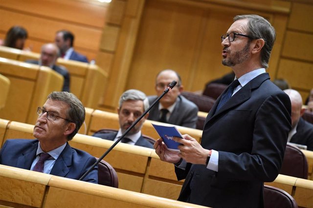 El portavoz del PP en el Senado, Javier Maroto, interviene en una sesión de control al Gobierno en el Senado, a 4 de octubre de 2022, en Madrid (España). 