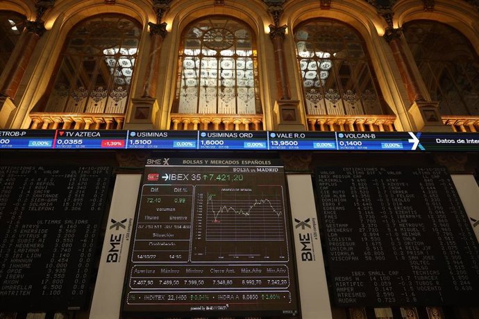 Índices bursátiles en el Palacio de la Bolsa de Madrid, a 14 de octubre de 2022, en Madrid (España). 