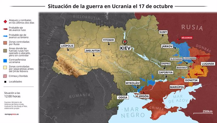 Mapa con la situación de la guerra en Ucrania el 17 de octubre (Estado a las 12:00 horas). Al menos tres muertos tras los últimos ataques rusos con drones kamikaze sobre el centro de Kiev.
