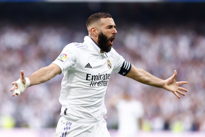 Karim Benzema of Real Madrid celebrates a goal nullified by VAR during the spanish league, La Liga Santander, football match played between Real Madrid and FC Barcelona at Santiago Bernabeu stadium on October 16, 2022, in Madrid, Spain.