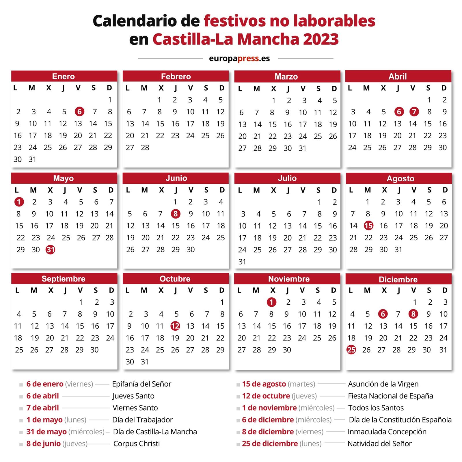 Calendario laboral 2023, días festivos y puentes en Castilla-La Mancha