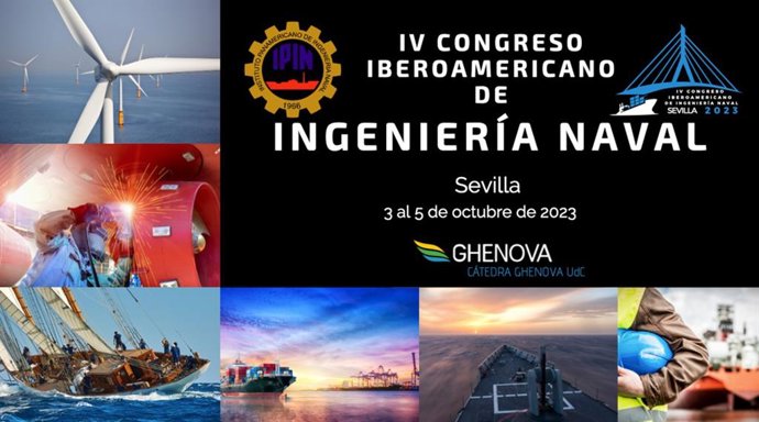 Cartel del IV Congreso Iberoamericano de Ingeniería Naval, que se celebrará en Sevilla en octubre de 2023.