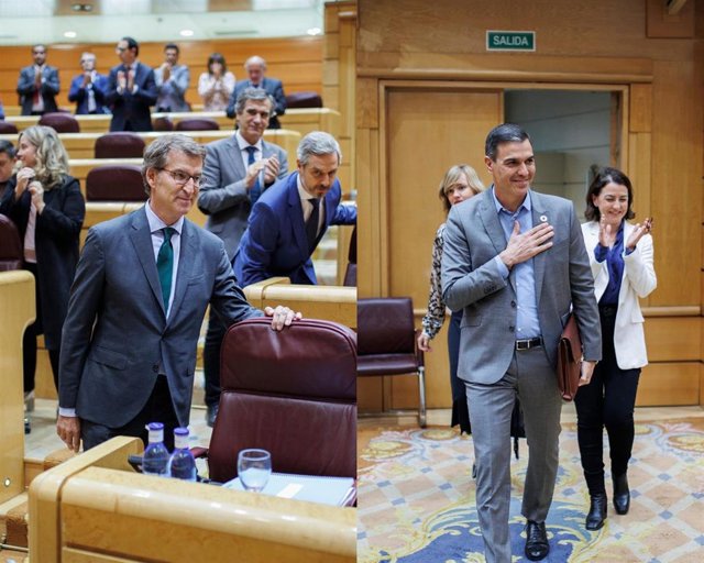 El presidente del Gobierno, Pedro Sánchez y el presidente del PP Alberto Núñez Feijóo, antes de su segundo debate en el Senado.