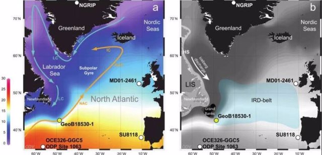 Condiciones modernas de la superficie del océano en el Atlántico Norte, la extensión de la Capa de Hielo Laurentide (LIS) y el cinturón IRD en el Atlántico Norte durante el Último Máximo Glacial.