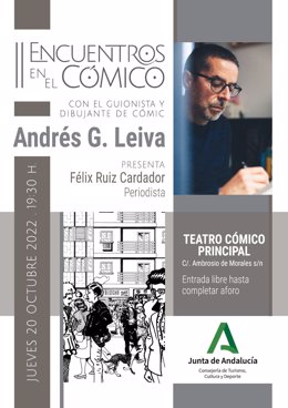 Cartel de 'Encuentros en el Teatro Cómico' protagonizado por el guionista y dibujante de cómic cordobés Andrés Leiva.