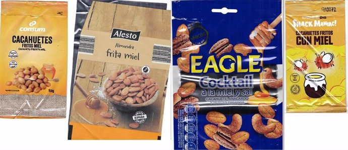 Productos de frutos secos (almendras, cacahuetes y cocktail) retirados de Alesto (Lidl), Consum, Carrefour, Dia, Eagle y Eroski, de diversos lotes y las fechas de caducidad, por la presencia de cuerpos extraños metálicos en sus envases.