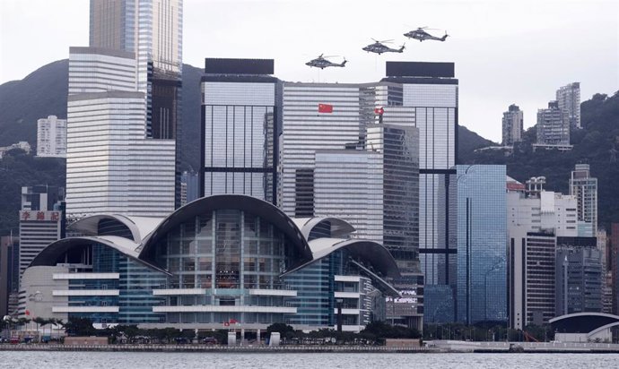 Archivo - 01 October 2020, China, Hong Kong: Annual display of helicopters fly-past performance over ceremonial venue during the annual national day ceremony, to mark the 71st anniversary of the establishment of the People's Republic of China. Photo: Li