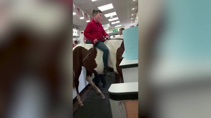 Este niño entra a un restaurante a lomos de un caballo