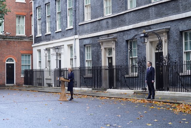 20 October 2022, United Kingdom, London: UK Prime Minister Liz Truss makes a statement outside 10 Downing Street where she announced her resignation as Prime Minister after 45 days in office. Photo: Stefan Rousseau/PA Wire/dpa