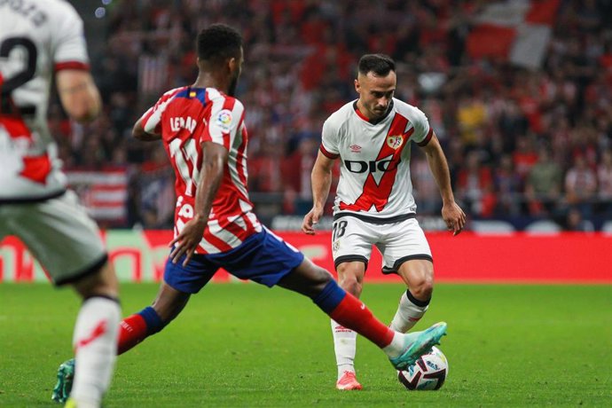 Thomas Lemar of Atletico de Madrid Alvaro Garcia of Rayo Vallecano in action during the spanish league, La Liga Santander, football match played between Atletico de Madrid and Rayo Vallecano at Civitas Metropolitano stadium on October 18, 2022, in Madri