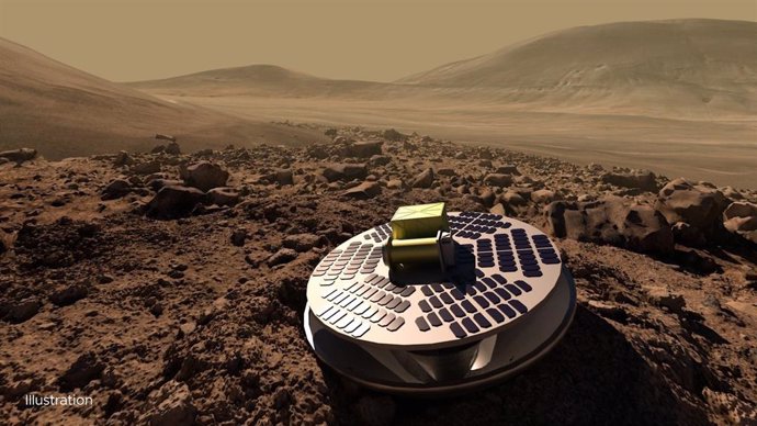 Una ilustración de SHIELD, un concepto de módulo de aterrizaje en Marte que permitiría que misiones de bajo costo lleguen a la superficie del planeta rojo mediante un aterrizaje forzoso seguro, utilizando una base plegable para absorber el impacto.