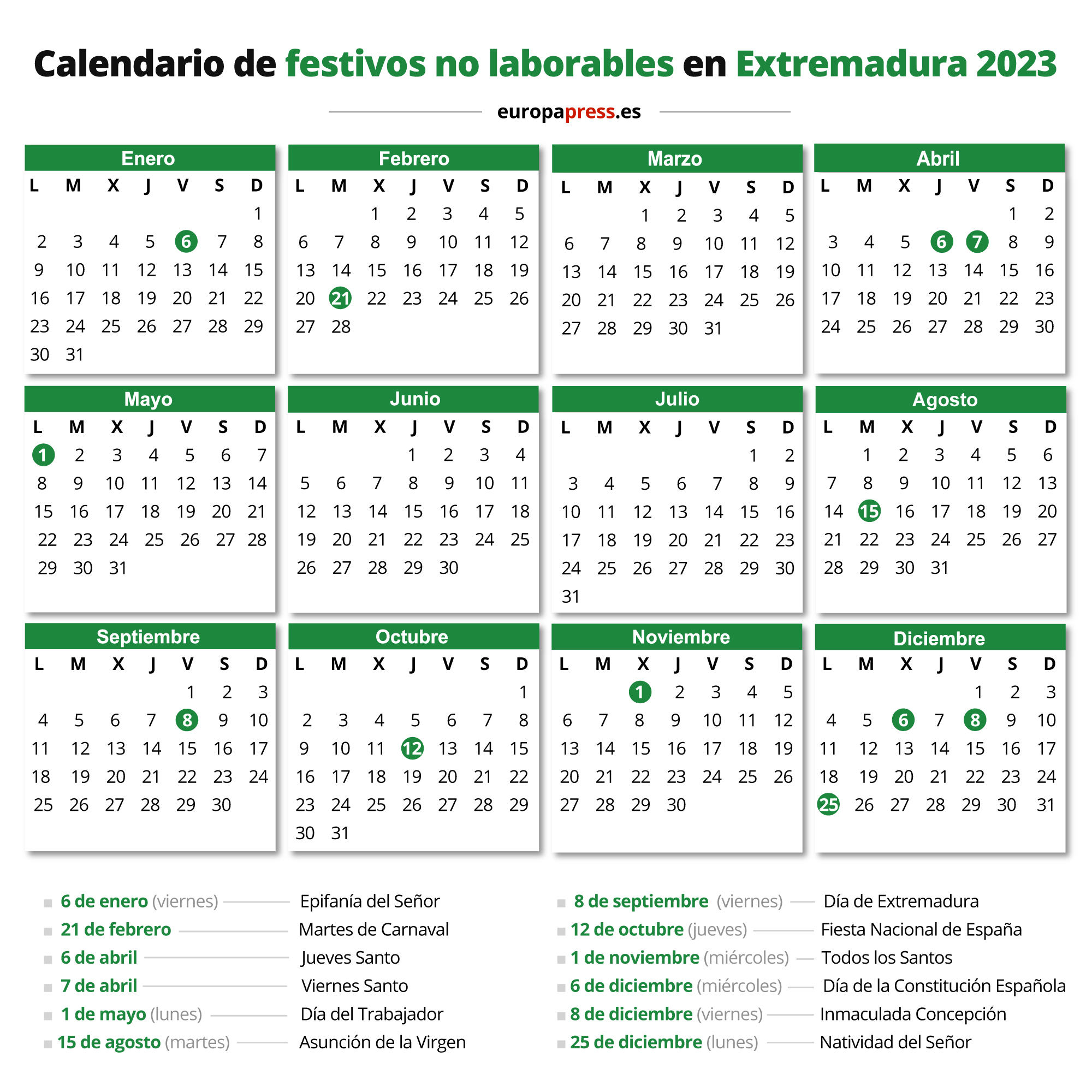 Calendario de festivos no laborables en Extremadura 2023