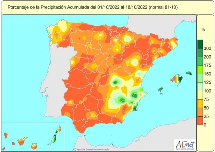 Mapa de lluvias acumuladas en España entre el 1 y el 18 de octubre de 2022.