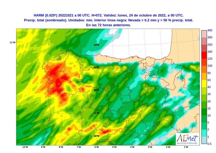 Mapa elaborado por la Aemet sobre la previsión meteorológica en CyL para el fin de semana del 22 y 23 de octubre