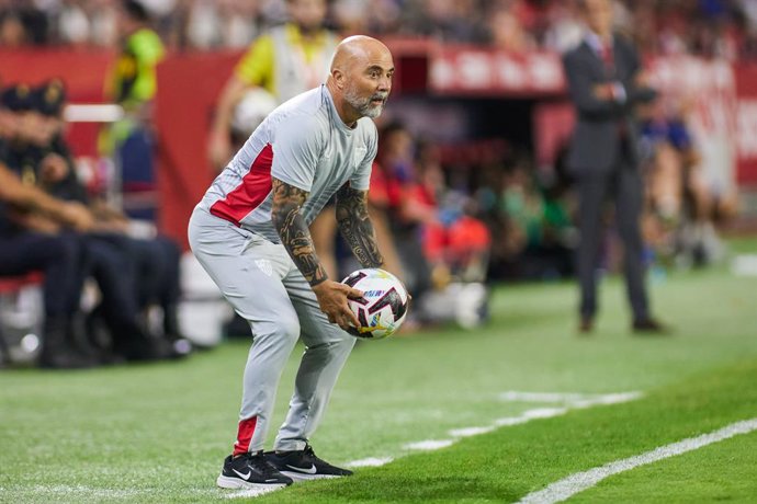 Jorge Sampaoli, head coach of Sevilla FC, gestures during the spanish league, La Liga Santander, football match played between Sevilla FC and Valencia CF at Ramon Sanchez Pizjuan stadium on October18, 2022, in Sevilla, Spain.