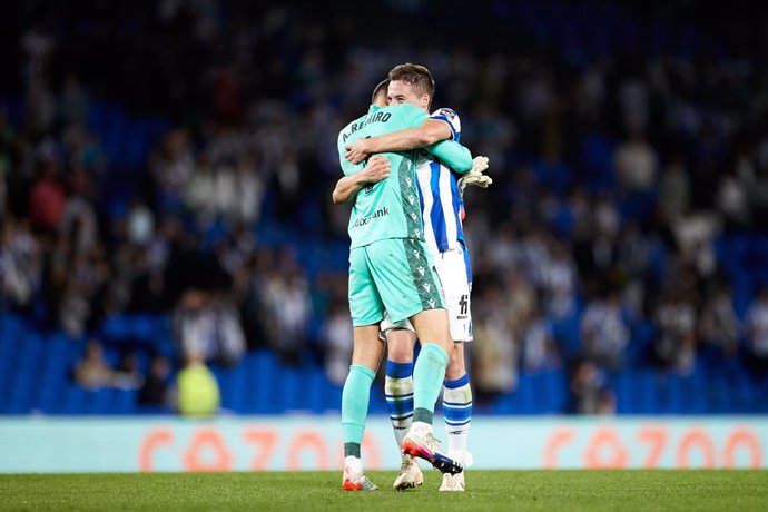 Alex Remiro and Jon Pacheco of Real Sociedad celebrates the win after the La Liga Santander match between Real Sociedad and RCD Mallorca at Reale Arena on October 19, 2022, in San Sebastian, Spain.