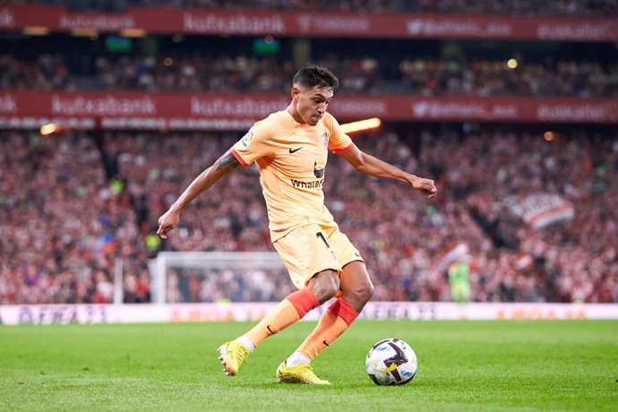 Nahuel Molina of Atletico de Madrid in action during the La Liga Santander match between Athletic Club and Atletico de Madrid at San Mames on October 15, 2022, in Bilbao, Spain.