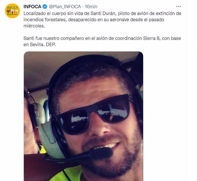 Captura del mensaje en redes sociales en el que el Infoca comunica el hallazgo del cuerpo sin vida del piloto.