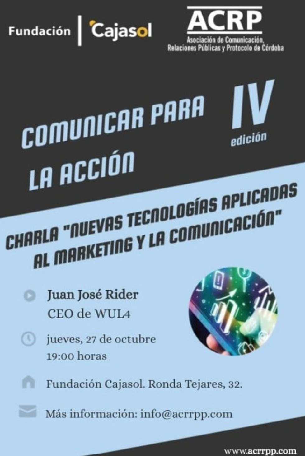 Cartel de la próxima conferencia en la Fundación Cajasol de 'Comunicar para la acción'.