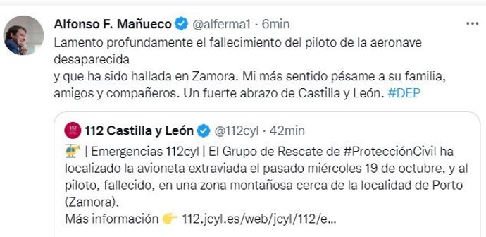 Mensaje de pésame del presidente de la Junta, Alfonso Fernández Mañueco, por el fallecimiento del piloto desaparecido junto a su aeronave en Zamora.