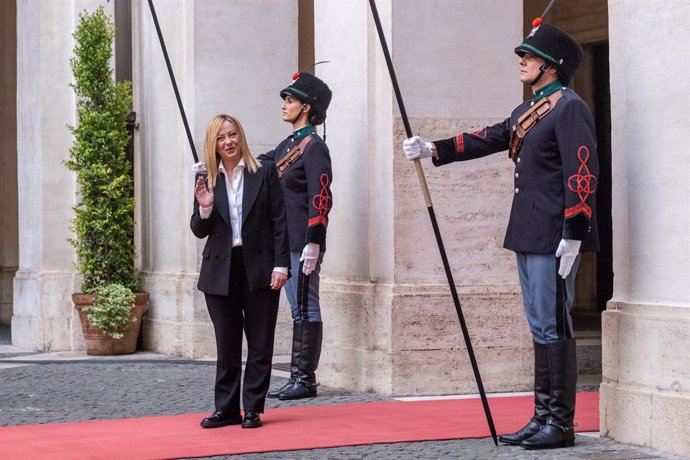 23 October 2022, Italy, Rome: Italian Prime Minister Giorgia Meloni arrives for the handover ceremony at Chigi Palace. Photo: Mauro Scrobogna/LaPresse via ZUMA Press/dpa