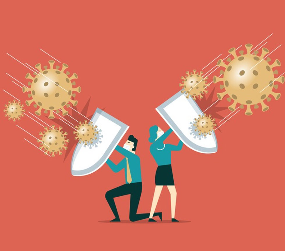 Archivo - People holding shields and wearing protective masks together to fight the new coronal pneumonia virus covid-19 stock illustration