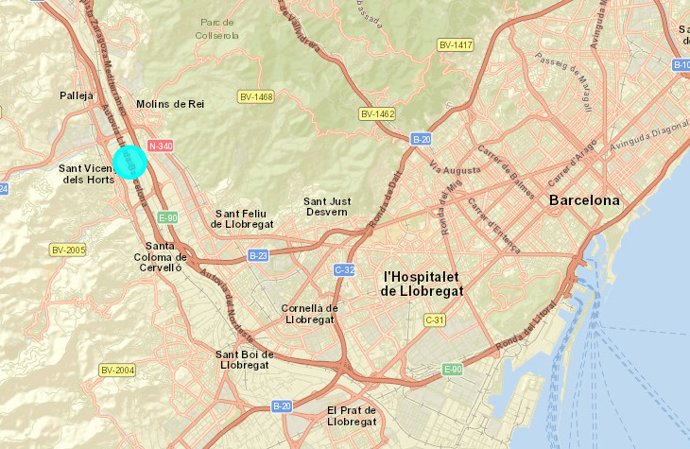 Zona de actuación de las obras para regularizar el firme de un tramo de la A-2 en el término municipal de Sant Vicen dels Horts (Barcelona)