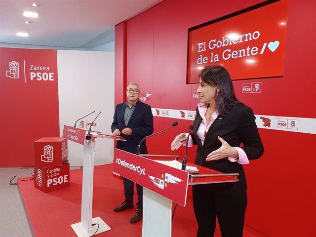 La secretaria de Organización del PSOE de Zamora, Ana Sánchez, y el senador socialista por la provincia, José Fernández, durante la rueda de prensa celebrada en la sede del PSOE de Zamora.