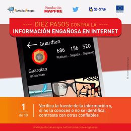 El primero de los 10 pasos que proponen Fundación Mapfre, PantallasAmigas y Twitter en su campaña contra la información engañosa.