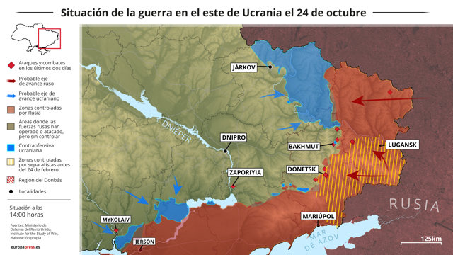Mapa con la situación de la guerra en el este de Ucrania el 24 de octubre (Estado a las 14:00 horas). 