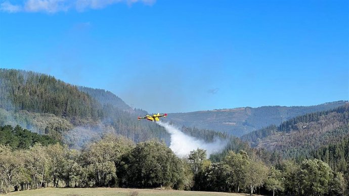 Descarga de un avión en la zona afectada por las llamas.