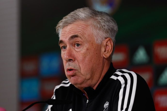 Carlo Ancelotti, head coach of Real Madrid, attends his press conference after the training session before the spanish league, La Liga Santander, football match to play against FC Barcelona at Ciudad Deportiva Real Madrid on October 15, 2022, in Valdebe
