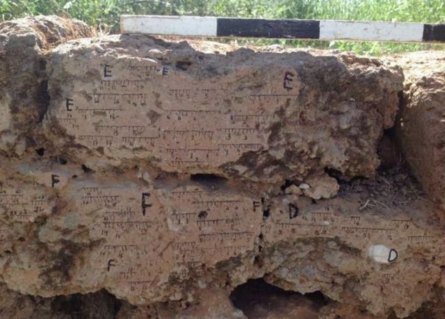 Pared de ladrillos de barro quemado de Tel Batash (Timnah bíblica) con marcas de la orientación del campo.